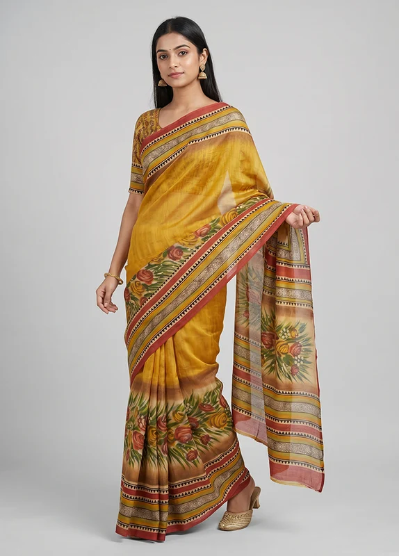 Yellow Printed Pure Silk Saree Without Blouse Piece One Size