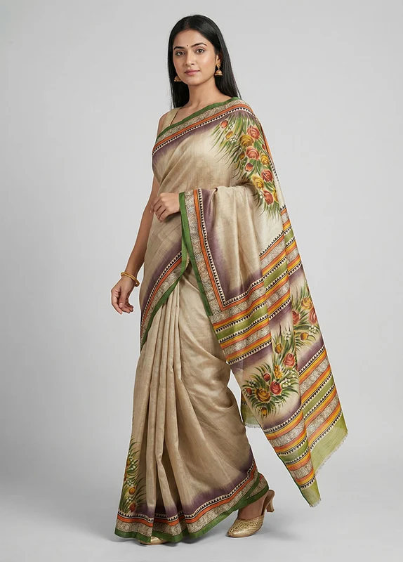 Cream Printed Silk Saree Without Blouse Piece One Size