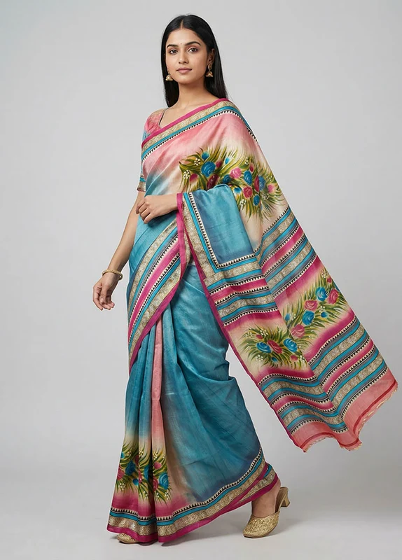 Blue Printed Silk Saree Without Blouse Piece One Size