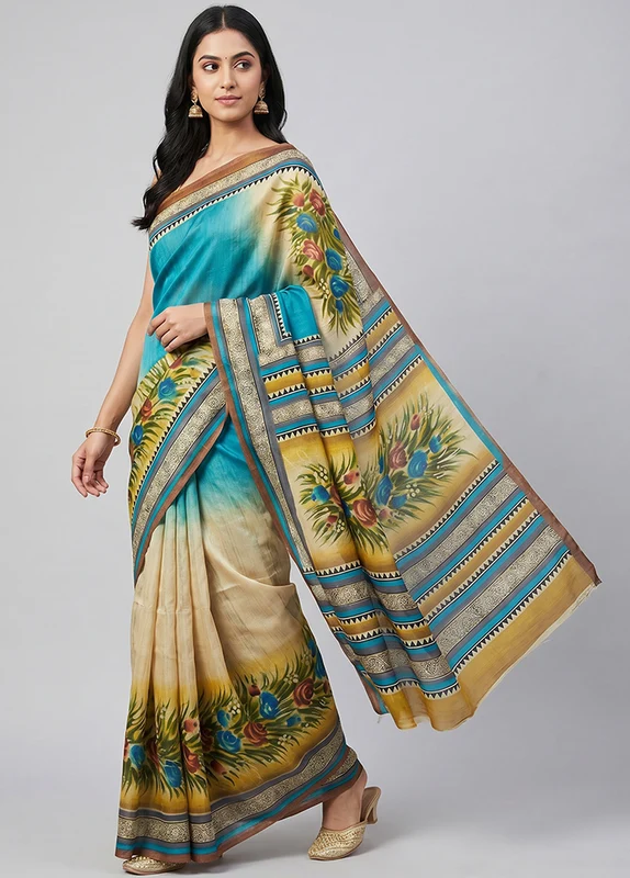 Blue Printed Silk Saree Without Blouse Piece One Size