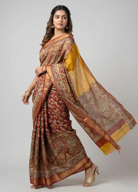Yellow Printed Pure Silk Saree Without Blouse Piece One Size