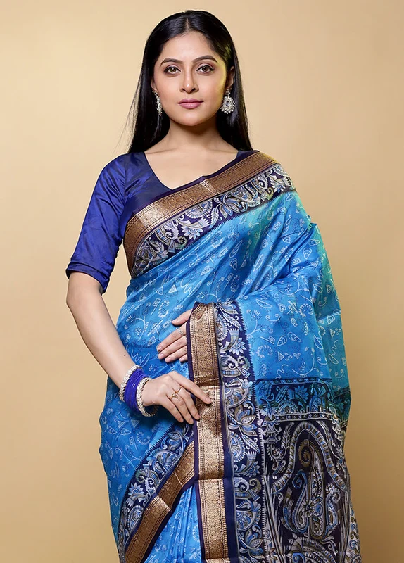 Blue Printed Pure Silk Saree Without Blouse Piece Onesize
