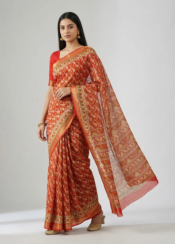 Red Printed Silk Saree Without Blouse Piece One Size
