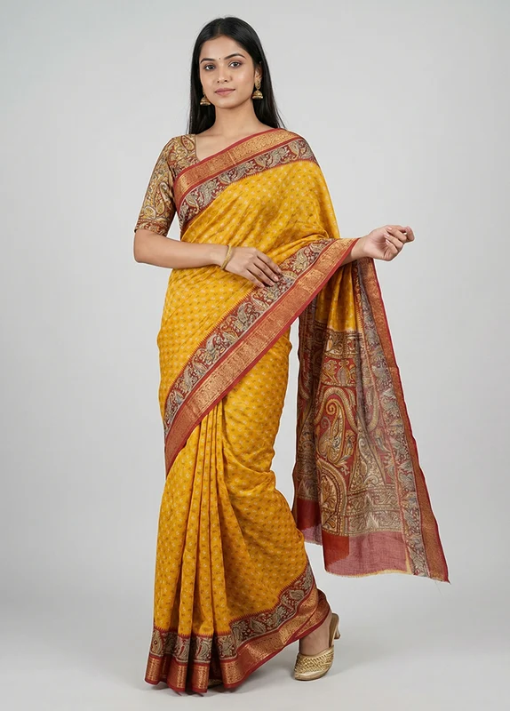 Yellow Printed Pure Silk Saree Without Blouse Piece One Size
