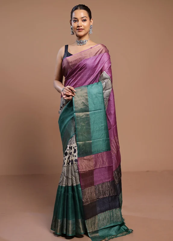 Purple Tussar Silk Saree With Blouse Piece Onesize