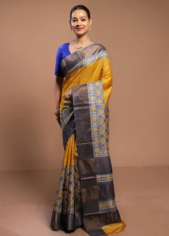 Yellow Tussar Silk Saree With Blouse Piece Onesize