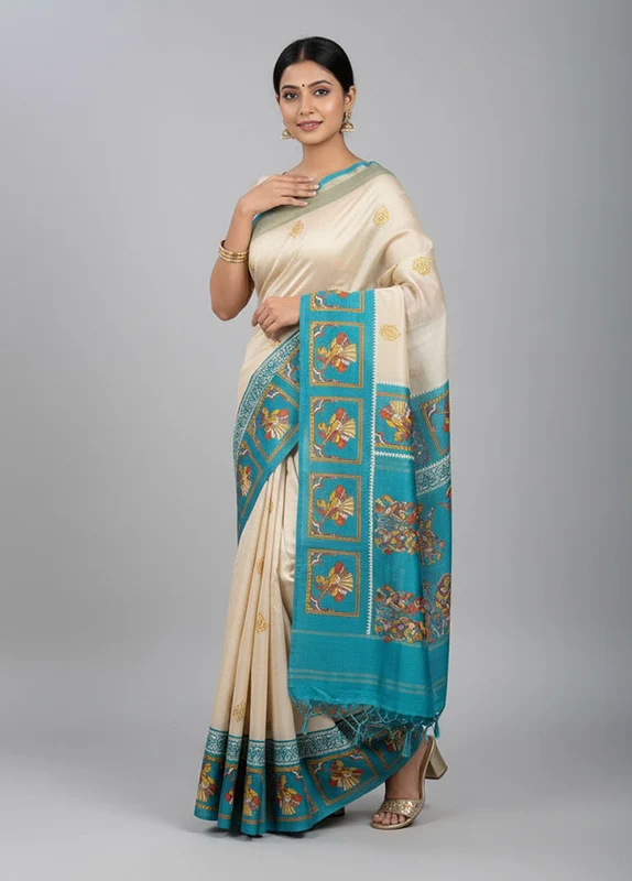 Green Handloom Tussar Pure Silk Saree With Blouse Piece One Size