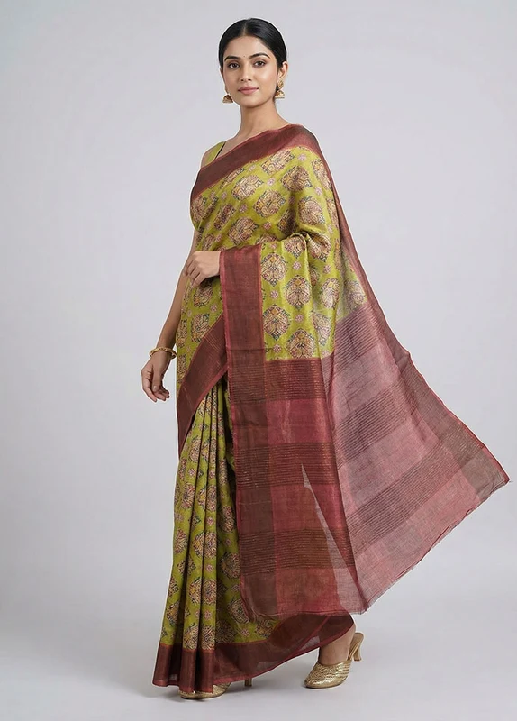 Green Tussar Silk Saree With Blouse Piece One Size