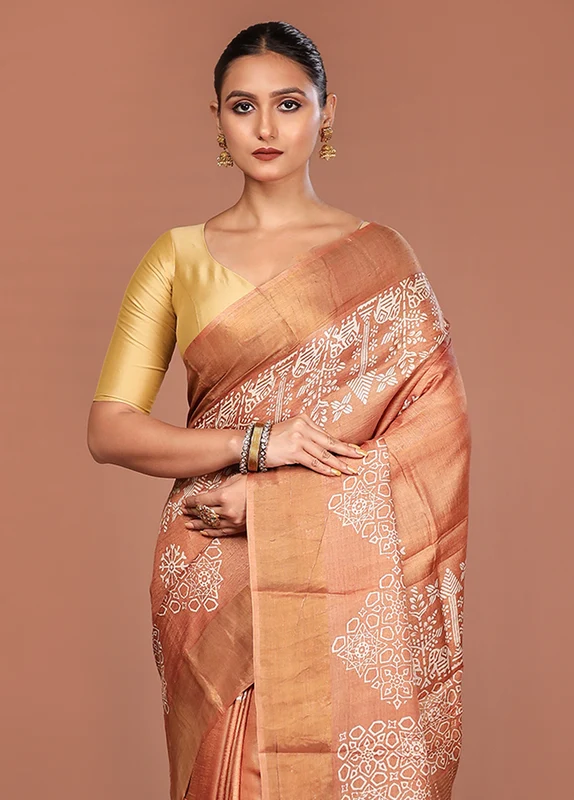 Brown Tussar Silk Saree With Blouse Piece Onesize