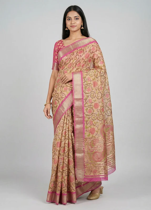 Cream Tussar Silk Saree With Blouse Piece One Size