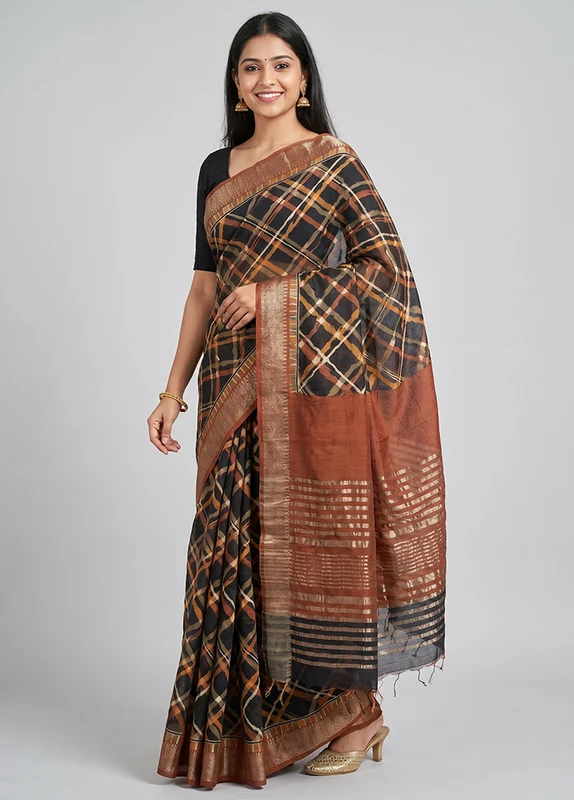 Black Tussar Silk Saree With Blouse Piece One Size