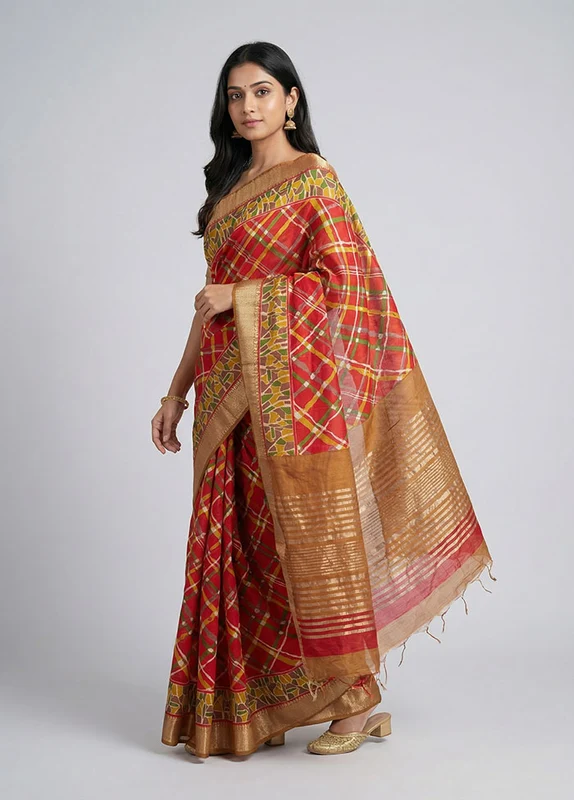 Red Tussar Silk Saree With Blouse Piece One Size