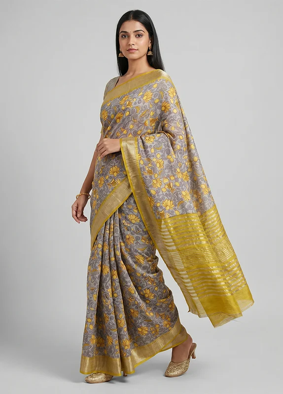 Grey Tussar Silk Saree With Blouse Piece One Size