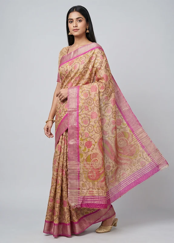Cream Tussar Silk Saree With Blouse Piece One Size