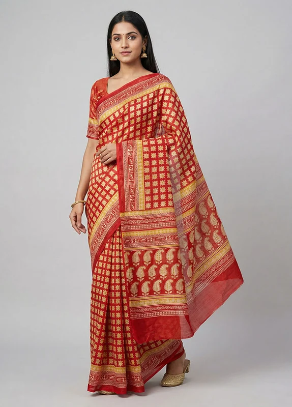 Red Printed Silk Saree Without Blouse Piece One Size