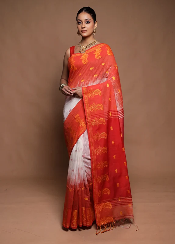 Red Cotton Saree With Blouse Piece Onesize