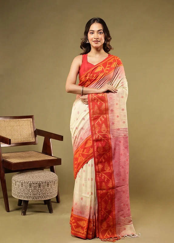White Khadi Cotton Saree With Blouse Piece One Size