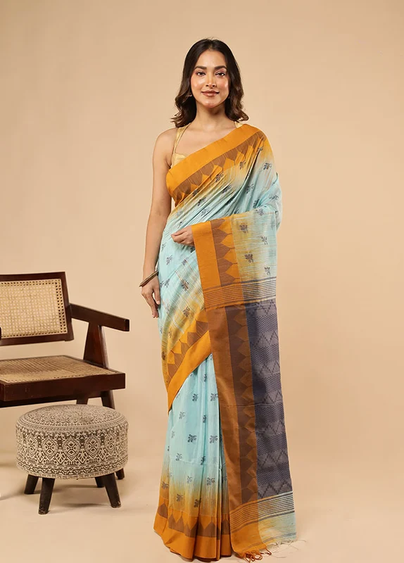 Green Khadi Cotton Saree With Blouse Piece One Size