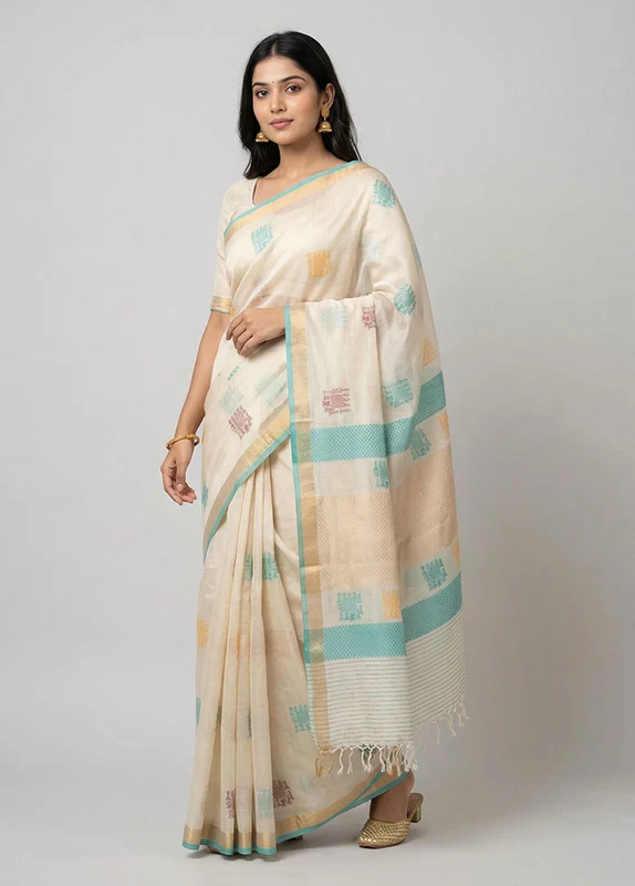 Cream Handloom Tussar Pure Silk Saree With Blouse Piece One Size