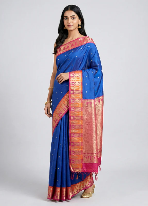 Blue Kanjivaram Silk Saree With Blouse Piece One Size
