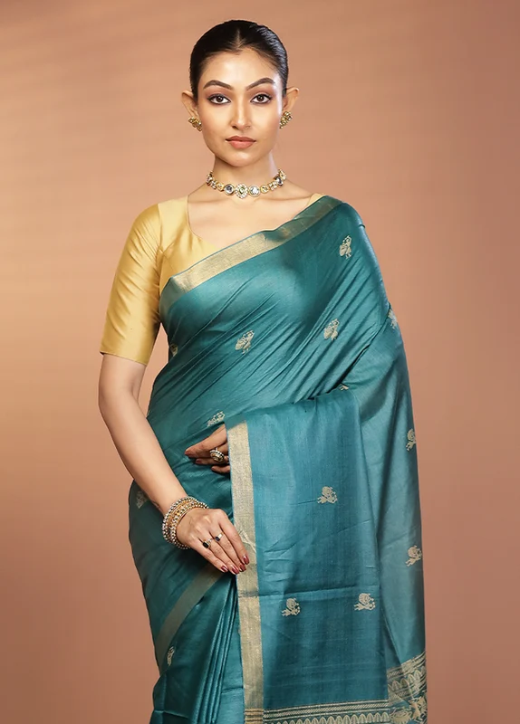 Green Handloom Tussar Pure Silk Saree With Blouse Piece Onesize