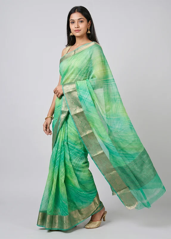 Green Chiffon Silk Saree With Blouse Piece One Size