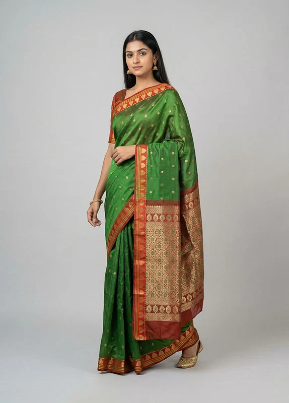 Green Kanjivaram Silk Saree With Blouse Piece One Size