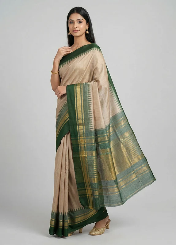 Cream Handloom Tussar Pure Silk Saree With Blouse Piece One Size