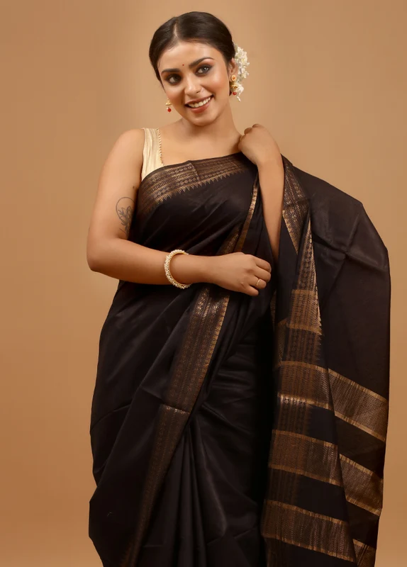 Black Tussar Silk Saree With Blouse Piece Onesize
