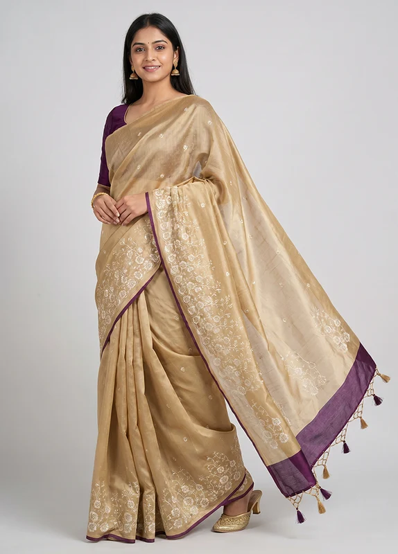 Cream Tussar Silk Saree With Blouse Piece One Size
