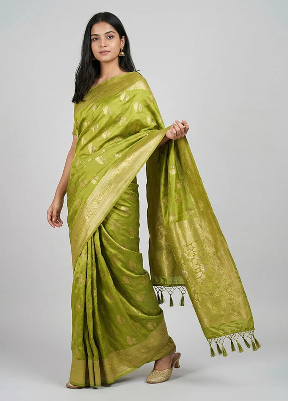 Green Dupion Silk Saree With Blouse Piece One Size