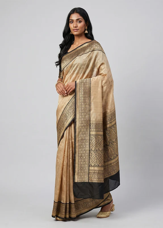 Cream Handloom Katan Pure Silk Saree With Blouse Piece One Size