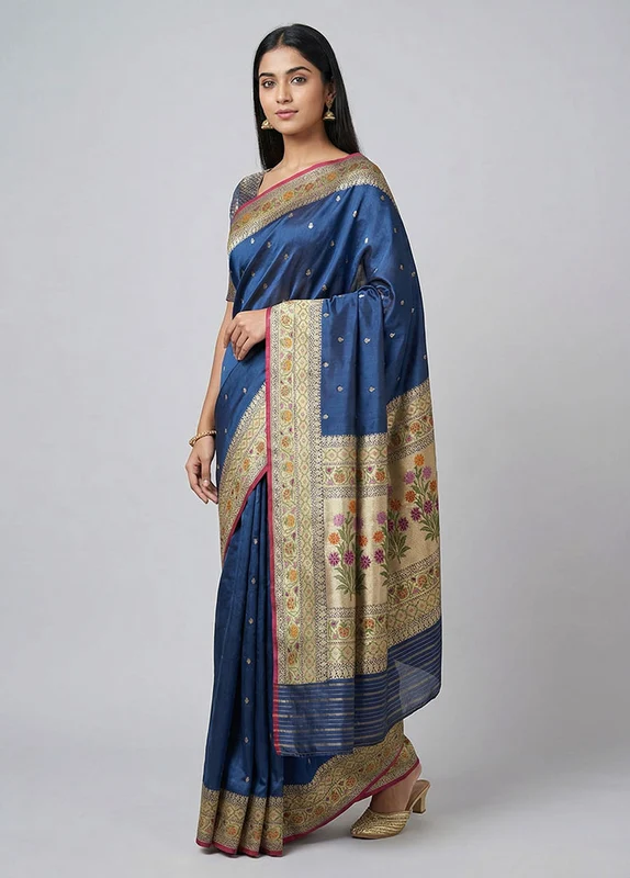 Blue Handloom Katan Pure Silk Saree With Blouse Piece One Size