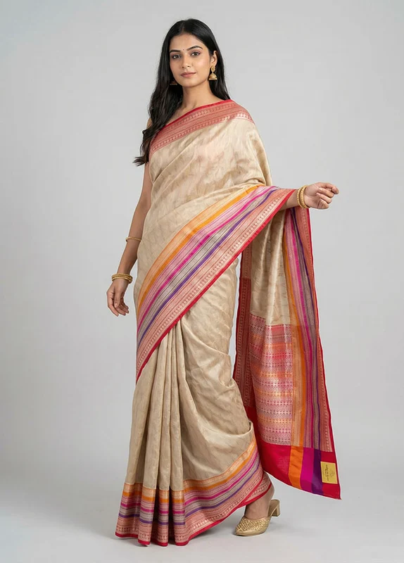 Cream Handloom Katan Pure Silk Saree With Blouse Piece One Size
