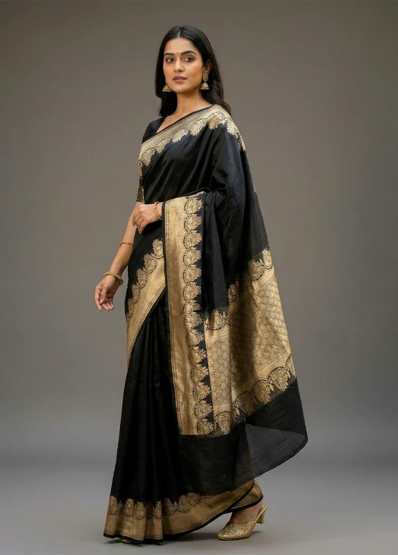 Black Handloom Banarasi Pure Silk Saree With Blouse Piece One Size