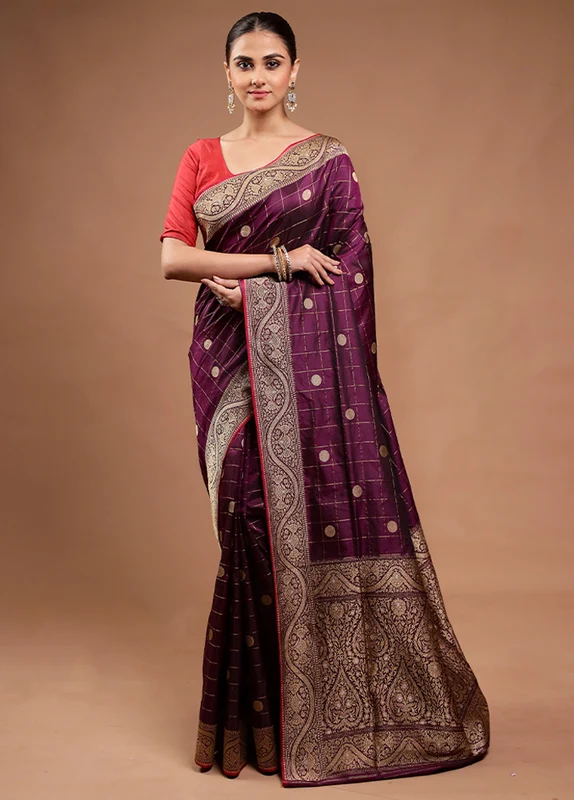 Wine Handloom Katan Pure Silk Saree With Blouse Piece Onesize