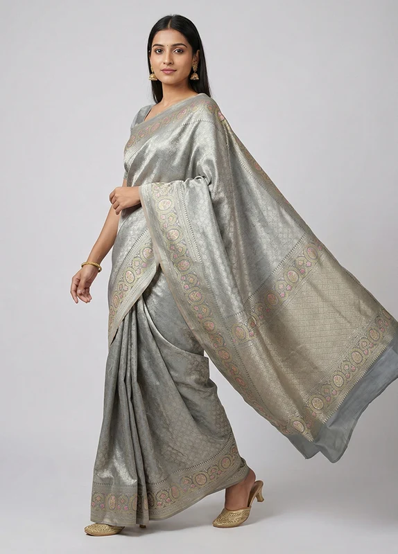 Grey Kanjivaram Silk Saree With Blouse Piece One Size