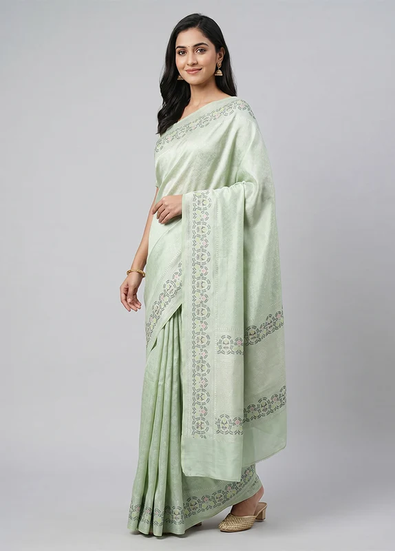 Green Kanjivaram Silk Saree With Blouse Piece One Size