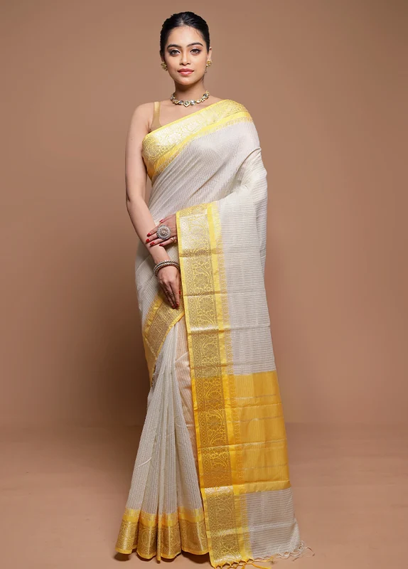 Cream Cotton Saree With Blouse Piece Onesize