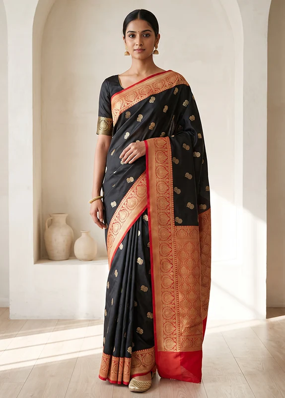 Black Katan Silk Saree With Blouse Piece One Size