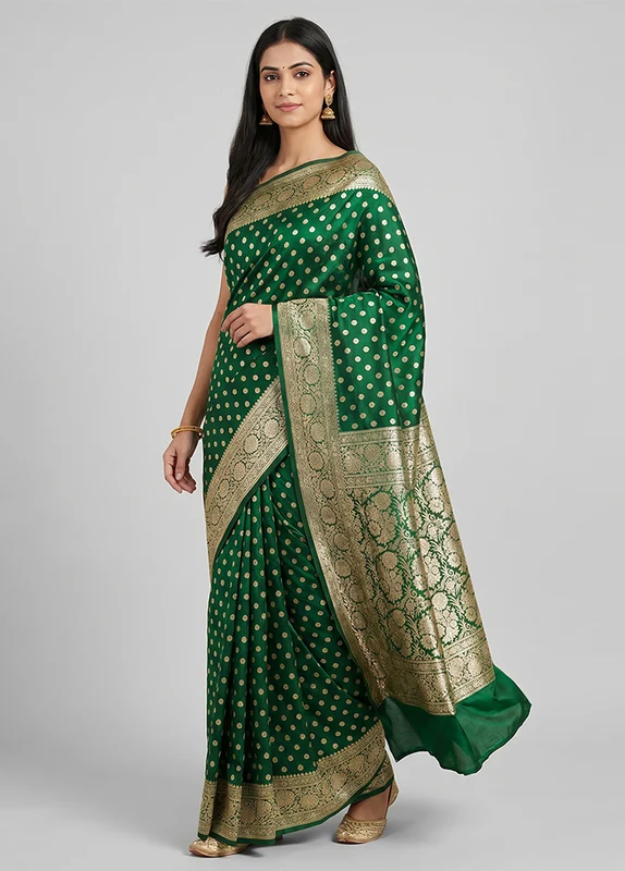 Green Handloom Banarasi Pure Silk Saree With Blouse Piece One Size