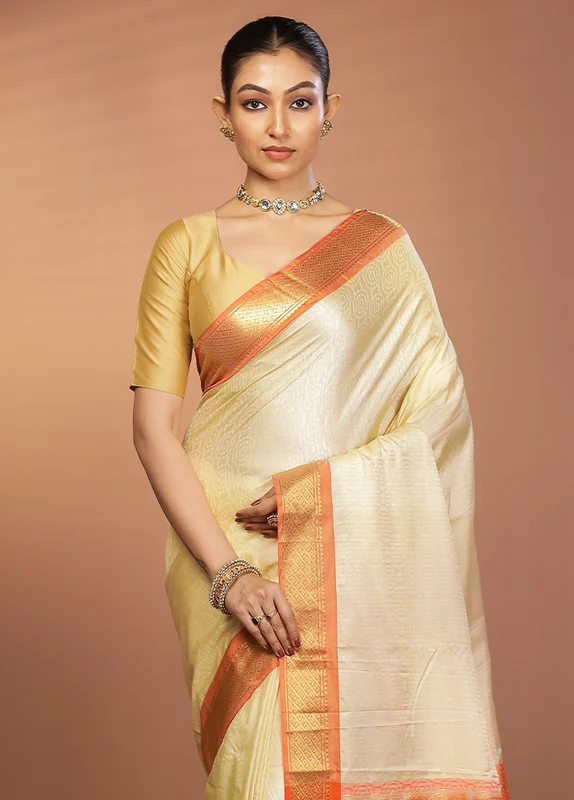 Cream Kanjivaram Silk Saree With Blouse Piece One Size
