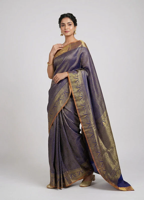 Blue Kanjivaram Silk Saree With Blouse Piece One Size