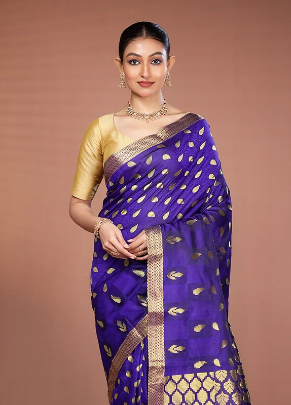 Blue Kanjivaram Silk Saree With Blouse Piece Onesize
