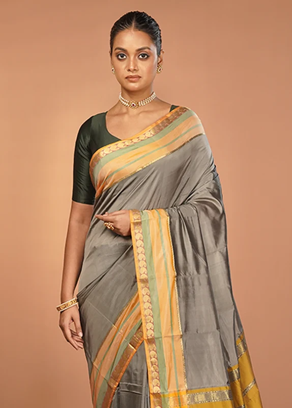 Grey Kanjivaram Silk Saree With Blouse Piece One Size