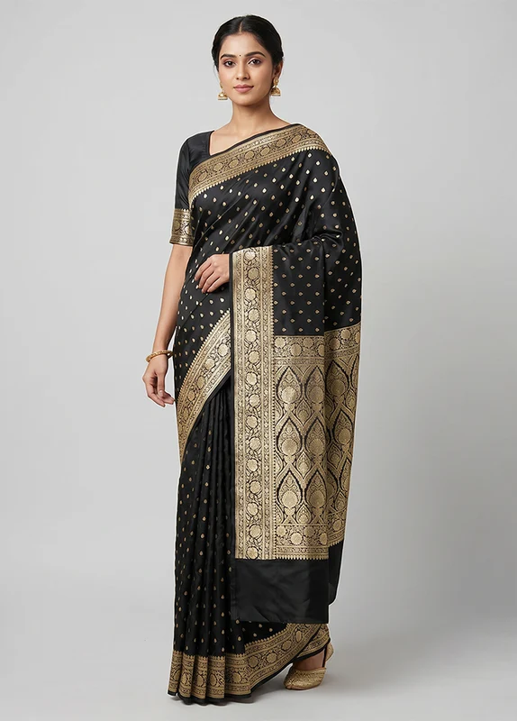 Black Handloom Banarasi Pure Silk Saree With Blouse Piece One Size