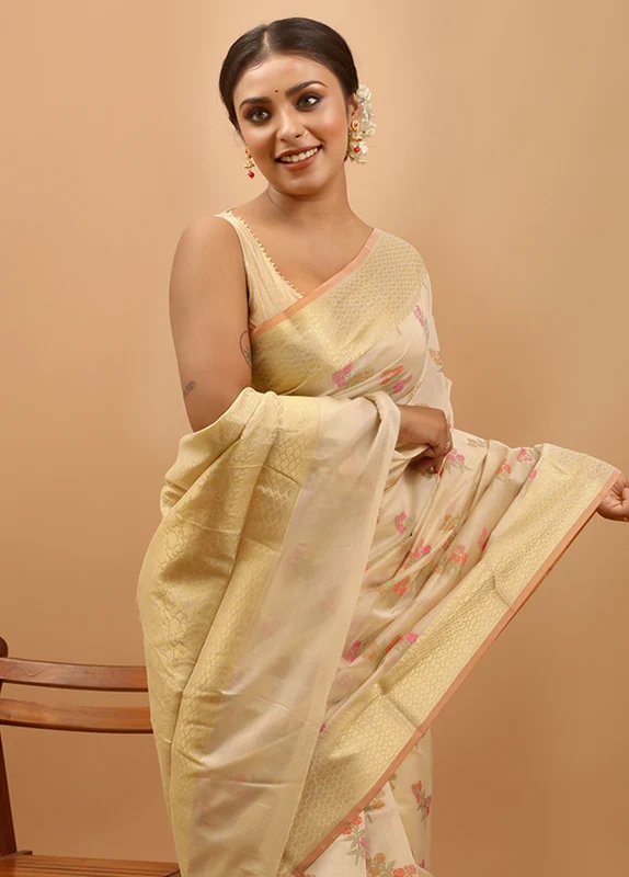 Cream Cotton Saree With Blouse Piece Onesize
