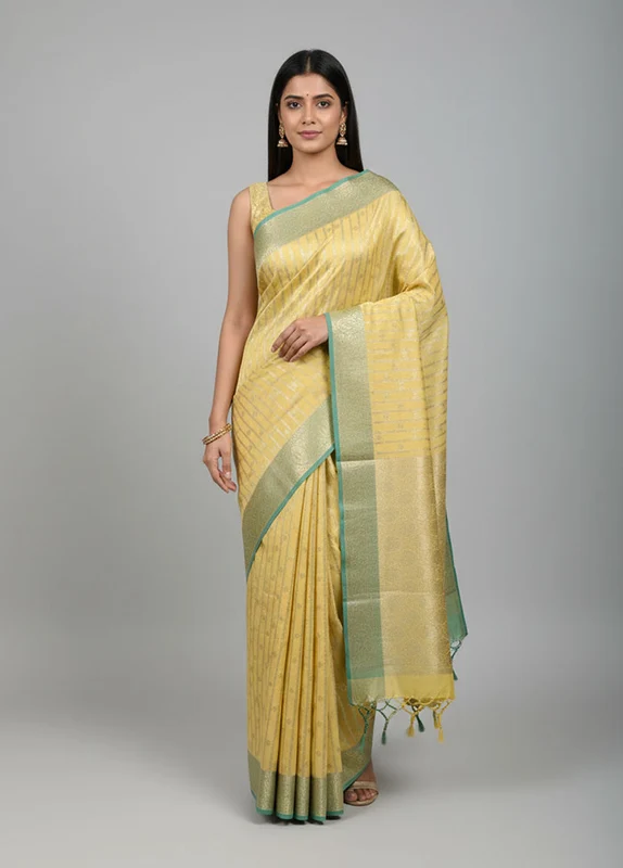 Yellow Kora Silk Saree With Blouse Piece One Size