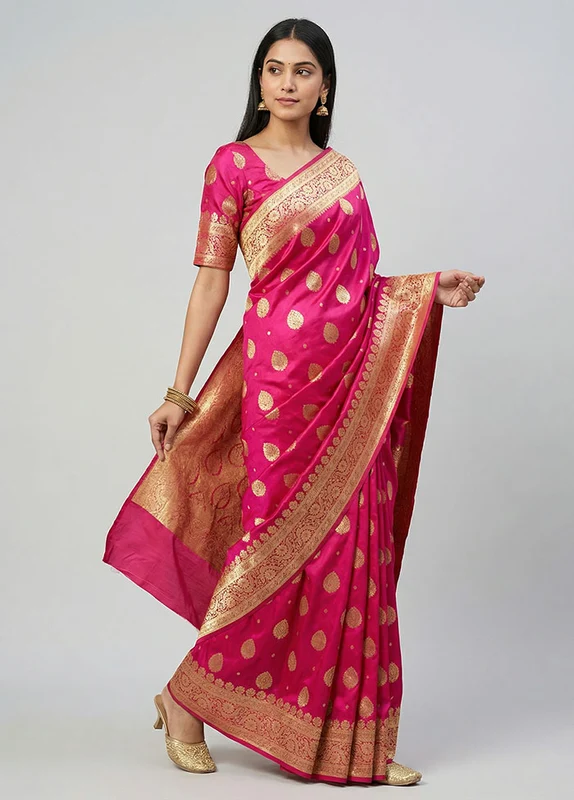 Pink Banarasi Silk Saree With Blouse Piece One Size