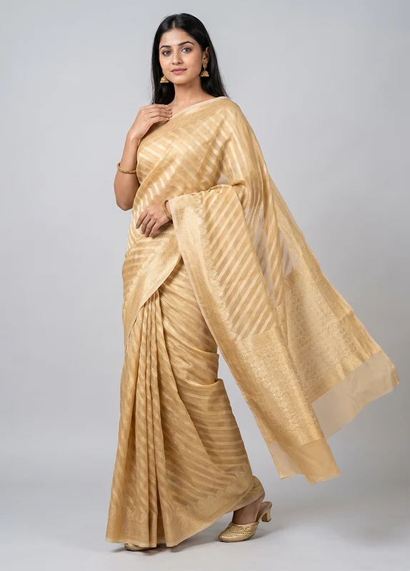 Cream Kora Silk Saree With Blouse Piece One Size
